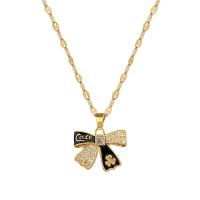Titanium Steel Jewelry Necklace, with Brass, with 2inch extender chain, Bowknot, real gold plated, for woman & enamel & with rhinestone Approx 15.7 Inch [
