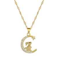 Stainless Steel Jewelry Necklace, 304 Stainless Steel, with Brass, with 2inch extender chain, Moon, real gold plated, for woman & with rhinestone Approx 15.7 Inch 