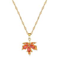 Cubic Zirconia Stainless Steel Necklace, 304 Stainless Steel, with Brass, with 2inch extender chain, Maple Leaf, gold color plated, micro pave cubic zirconia & for woman Approx 15.7 Inch 