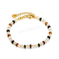 Gemstone Bracelets, 304 Stainless Steel, with White Chalcedony & Tiger Eye & Rubber & Black Agate, with 4cm extender chain, Vacuum Ion Plating, fashion jewelry & for woman, multi-colored cm 
