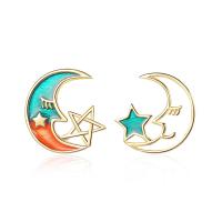 Brass Stud Earring, Moon and Star, epoxy gel, fashion jewelry & for woman [