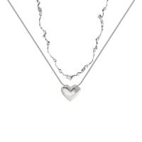 Brass Jewelry Necklace, with 5CM extender chain, Heart, silver color plated, Double Layer & fashion jewelry & for woman Approx 39 cm 
