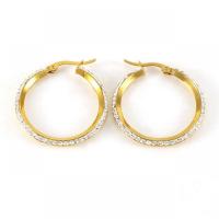 Titanium Steel Earrings, 18K gold plated, fashion jewelry & for woman & with rhinestone, golden, 31mm 