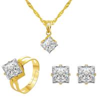 Cubic Zirconia Micro Pave Brass Jewelry Sets, Stud Earring & finger ring & necklace, Square, gold color plated, three pieces & fashion jewelry & micro pave cubic zirconia & for woman, 17mm,5mm Approx 18.5 Inch 