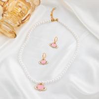 Enamel Zinc Alloy Jewelry Sets, with Plastic Pearl, with 1.97inch extender chain, Heart, plated, fashion jewelry & for woman, pink Approx 17.32 Inch [