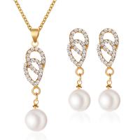 Rhinestone Zinc Alloy Jewelry Set, Stud Earring & necklace, with Plastic Pearl, plated, 2 pieces & fashion jewelry & for woman & with rhinestone 40mm,35mm Approx 20.5 Inch 