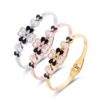 Titanium Steel Bracelet & Bangle, with Black Shell & White Shell, Four Leaf Clover, Vacuum Ion Plating, for woman & with rhinestone Inner Approx [