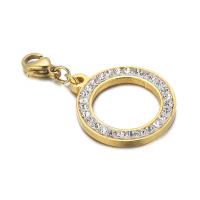 304 Stainless Steel Key Chain, Donut, Vacuum Ion Plating, with rhinestone, golden, 20mm 