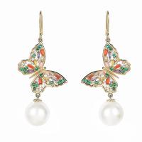 Cubic Zirconia Micro Pave Brass Earring, with Plastic Pearl, Butterfly, real gold plated, fashion jewelry & micro pave cubic zirconia & for woman, mixed colors [