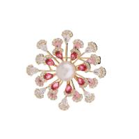 Cubic Zirconia Brooch, Brass, with Plastic Pearl, Flower, gold color plated, fashion jewelry & micro pave cubic zirconia & for woman 