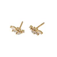 Sterling Silver Stud Earring, 925 Sterling Silver, Leaf, plated, for woman & with rhinestone 8mm [