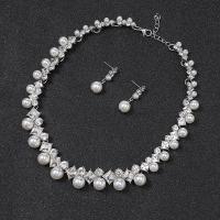 Rhinestone Zinc Alloy Jewelry Set, Stud Earring & necklace, with Plastic Pearl, silver color plated, 2 pieces & fashion jewelry & for woman & with rhinestone Approx 15.75 Inch 
