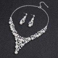 Rhinestone Zinc Alloy Jewelry Set, Stud Earring & necklace, with Plastic Pearl, with 1.97inch extender chain, silver color plated, 2 pieces & fashion jewelry & for woman & with rhinestone Approx 16.54 Inch 