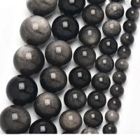 Single Gemstone Beads, Silver Obsidian, DIY black Approx 38 cm 