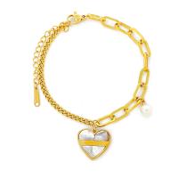Titane bracelet en acier et bracelet, Acier titane, avec coquille & perle de plastique, avec 5cm chaînes de rallonge, Placage ionique sous vide, bijoux de mode & pour femme, doré Environ 17 cm, Vendu par PC[
