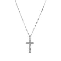 Rhinestone Brass Necklace, with 2.36inch extender chain, Cross, silver color plated, fashion jewelry & for woman & with rhinestone, silver color Approx 15.75 Inch 