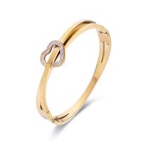 Acier titane bracelet ordinaire, coeur, Placage ionique sous vide, pour femme & avec strass, doré, Diamètre inté Environ Vendu par PC[
