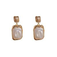 Brass Drop Earring, with Plastic Pearl, Square, real gold plated, fashion jewelry & for woman [