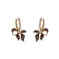 Cubic Zirconia Micro Pave Brass Earring, with Plastic Pearl, Bowknot, real gold plated, fashion jewelry & micro pave cubic zirconia & for woman, mixed colors 