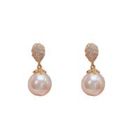 Cubic Zirconia Micro Pave Brass Earring, with Plastic Pearl, real gold plated, fashion jewelry & micro pave cubic zirconia & for woman, mixed colors 