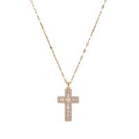 Rhinestone Brass Necklace, with 2.36inch extender chain, Cross, gold color plated, fashion jewelry & for woman & with rhinestone, golden Approx 15.75 Inch 