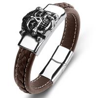 PU Leather Cord Bracelets, with 316L Stainless Steel, Skull, polished, punk style & for man [