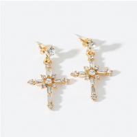 Zinc Alloy Rhinestone Drop Earring, Cross, gold color plated, for woman & with rhinestone, 34mm 