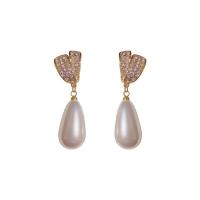 Cubic Zirconia Micro Pave Brass Earring, with Plastic Pearl, Teardrop, plated, fashion jewelry & micro pave cubic zirconia & for woman [