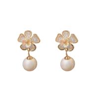 Cubic Zirconia Micro Pave Brass Earring, with Plastic Pearl, Flower, real gold plated, fashion jewelry & micro pave cubic zirconia & for woman [