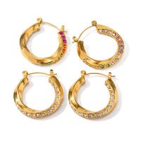 Stainless Steel Hoop Earring, 304 Stainless Steel, Vacuum Ion Plating, fashion jewelry & for woman & with rhinestone, golden [