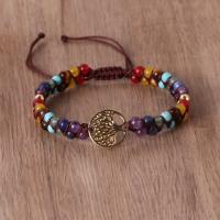 Gemstone Bracelets, with Knot Cord & Zinc Alloy, Round, gold color plated, Adjustable & Unisex, mixed colors, 4mm Approx 17 cm 