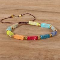 Impression Jasper Bracelet, with Knot Cord & 304 Stainless Steel, with 7cm extender chain, Rectangle, Galvanic plating, Adjustable & Unisex, mixed colors Approx 16.5 cm 