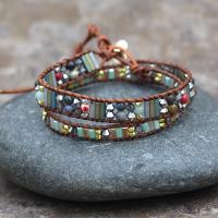 Gemstone Bracelets, with leather cord & 304 Stainless Steel, with 2cm extender chain, Galvanic plating, Adjustable & multilayer & Unisex, mixed colors Approx 50 cm 