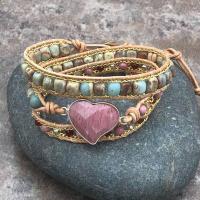 Gemstone Bracelets, with leather cord & Brass, with 2cm extender chain, Heart, gold color plated, Adjustable & multilayer & Unisex, mixed colors Approx 50 cm 
