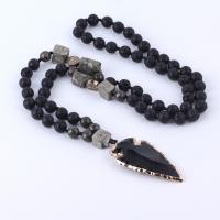 Lava Beads Necklace, with Hematite & Brass & Zinc Alloy, arrowhead, plated, for man, black Approx 40 cm [