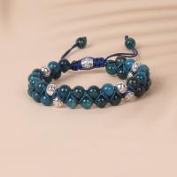 Gemstone Bracelets, Apatites, with Knot Cord & Zinc Alloy, Round, silver color plated, Adjustable & for man, blue, 6mm Approx 16 cm 