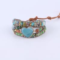 Gemstone Bracelets, ​Amazonite​, with leather cord & Gemstone & Brass, with 2cm extender chain, Heart, plated, multilayer & Unisex, mixed colors Approx 50 cm 