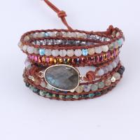 Gemstone Bracelets, Labradorite, with leather cord & Gemstone & Brass, with 2cm extender chain, gold color plated, multilayer & Unisex, mixed colors Approx 50 cm 
