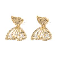 Zinc Alloy Rhinestone Stud Earring, with Plastic Pearl, Butterfly, KC gold color plated, fashion jewelry & for woman & with rhinestone, golden 