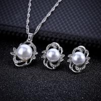Rhinestone Zinc Alloy Jewelry Set, Stud Earring & necklace, with Plastic Pearl, silver color plated, 2 pieces & for woman & with rhinestone, silver color, 15*35mm,20*42mm Approx 17.72 Inch 
