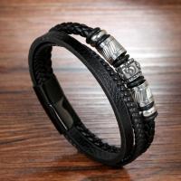 PU Leather Cord Bracelets, with 304 Stainless Steel, fashion jewelry & multilayer & for man, black Approx 8.27 Inch [