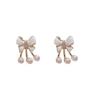 Brass Stud Earring, with Plastic Pearl, Bowknot, real gold plated, fashion jewelry & for woman & enamel, white [