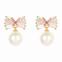 Cubic Zirconia Micro Pave Brass Earring, with Plastic Pearl, Butterfly, real gold plated, fashion jewelry & micro pave cubic zirconia & for woman, mixed colors 