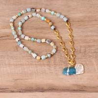 Gemstone Necklaces, ​Amazonite​, with Gemstone & 304 Stainless Steel & Zinc Alloy, Heart, plated, fashion jewelry & Bohemian style & for woman, mixed colors Approx 64 cm 