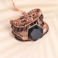 Bracelet obsidienne noire, avec cordon en cuir & pierre gemme & laiton, avec 2cm chaînes de rallonge, hexagone, Placage, bijoux de mode & multicouche & unisexe, couleurs mélangées Environ 50 cm, Vendu par PC