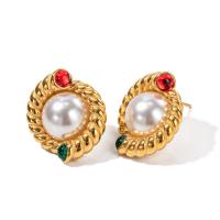 Stainless Steel Pearl Stud Earring, 304 Stainless Steel, with Shell Pearl, Vacuum Ion Plating, fashion jewelry & for woman & enamel, golden 