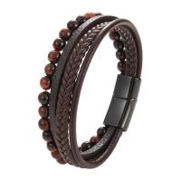PU Leather Cord Bracelets, with Tiger Eye, Vacuum Ion Plating, multilayer & for man cm [