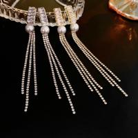 Fashion Fringe Earrings, Brass, with Plastic Pearl, fashion jewelry & micro pave cubic zirconia & for woman & with rhinestone 