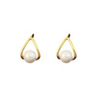 Brass Stud Earring, with Plastic Pearl, real gold plated, fashion jewelry & for woman, golden [