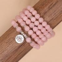 Quartz Bracelets, Rose Quartz, with Zinc Alloy, Round, silver color plated, fashion jewelry & Unisex, pink, Approx [